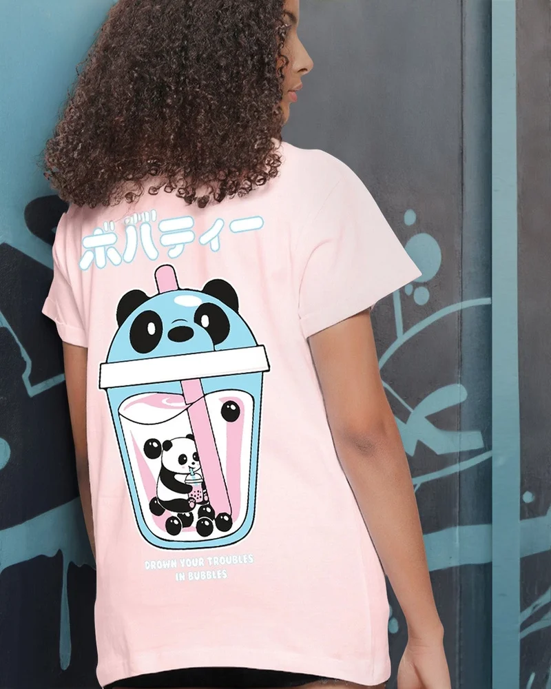 bewakoof Women's Pink Bubble Panda Graphic Printed Boyfriend T-shirt